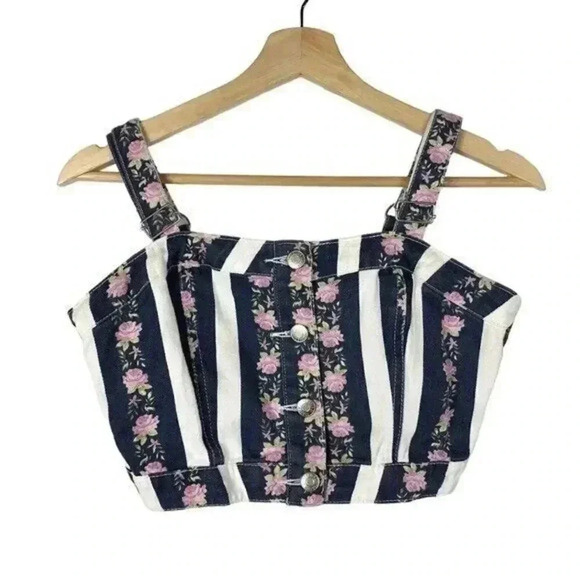 Forever 21 Blue & White Stripe Purple Floral Denim Crop Tank Top M - Picture 1 of 3